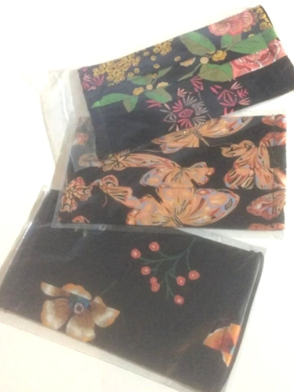 JOHNNY WAS 3 Dark Black Floral Face Masks Flowers Sati Finish w/ Pocket NEW